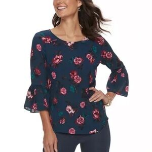 Elle Blouse Women's Floral Round Neck Sleeve Lightweight Print SzS